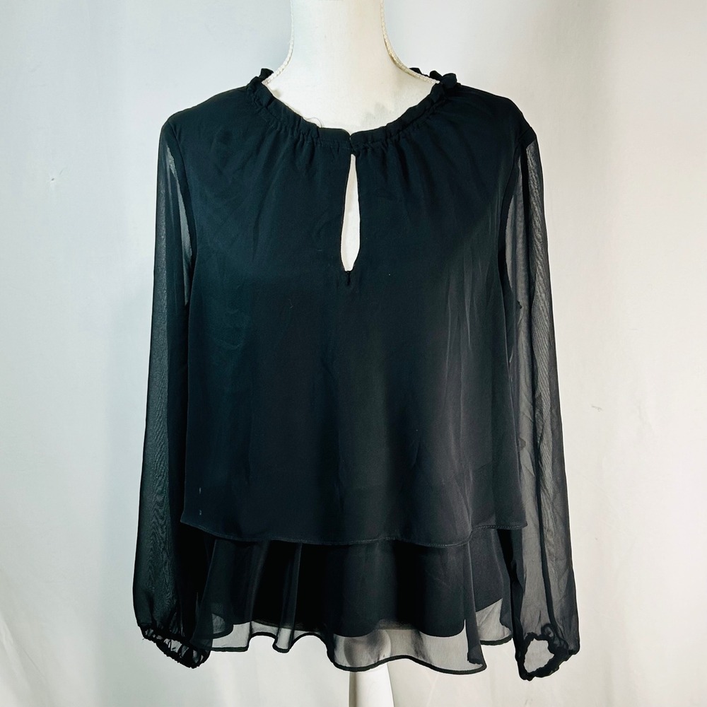 NINE WEST Black Sheer Ruffle Neck Keyhole Tiered Blouse Top Women's M